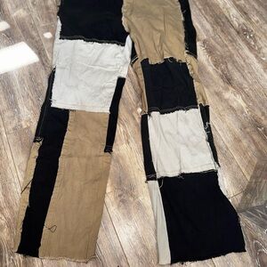 Patchwork Wide Leg Pants in Black, Khaki & Cream